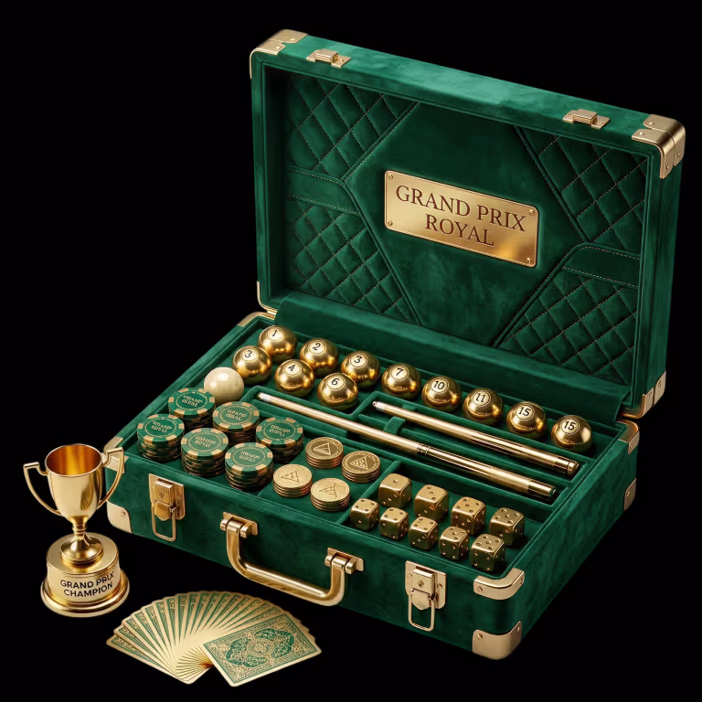Gambyl Casino high roller table games imagery displaying a green velvet Grand Prix Royal case with gold billiard balls, dice, playing cards, and a championship trophy.