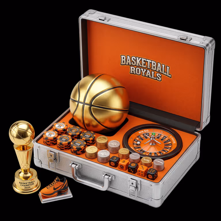 Gambyl Casino online sports betting concept featuring a luxury Basketball Royals briefcase with a golden basketball, roulette wheel, poker chips, and a championship trophy.