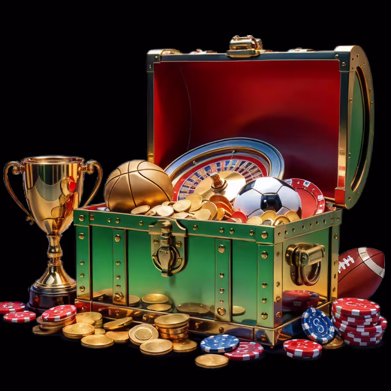 A glowing green treasure chest filled with gold coins, casino chips, a soccer ball, and a roulette wheel representing big wins at Gambyl Casino.