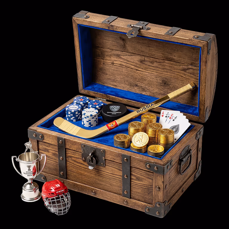 Gambyl Casino sports betting and online gambling imagery featuring an open wooden treasure chest with a hockey stick, puck, gold coins, casino chips, playing cards, and a hockey helmet next to a championship trophy.