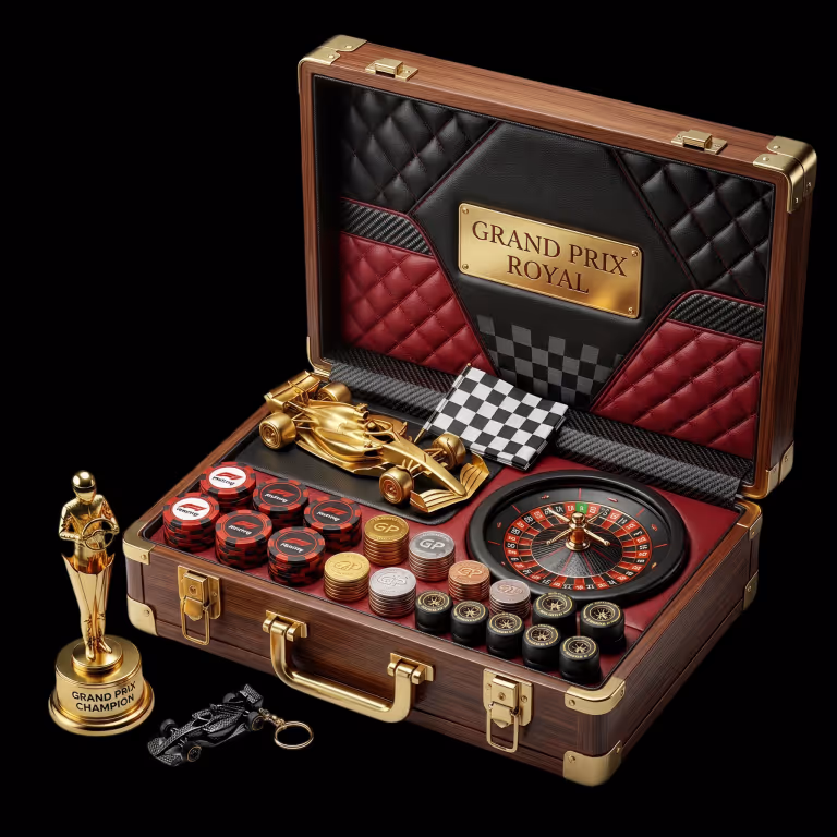 Gambyl Casino premium live dealer games and sports betting concept showing a luxury Grand Prix Royal briefcase with an F1 racing car model, roulette wheel, and poker chips.