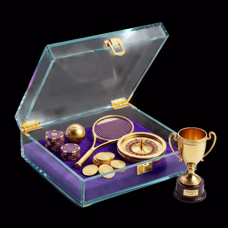 Luxury sports betting and online casino concept by Gambyl Casino featuring a crystal glass case with a tennis racket, golden tennis ball, roulette wheel, and winners trophy.